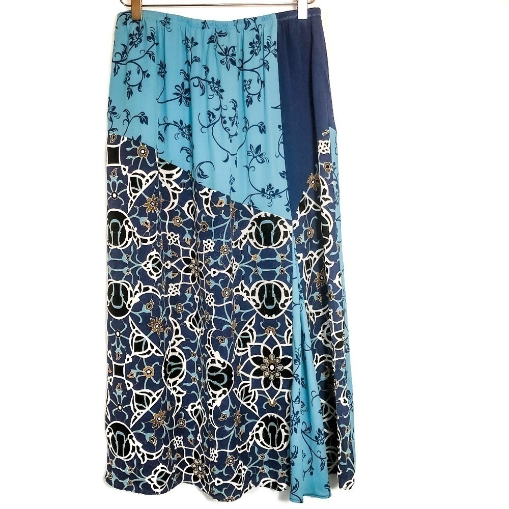 August Max Silk Maxi Skirt Patchwork Floral Print Boho‎ Blue Women's Size 3